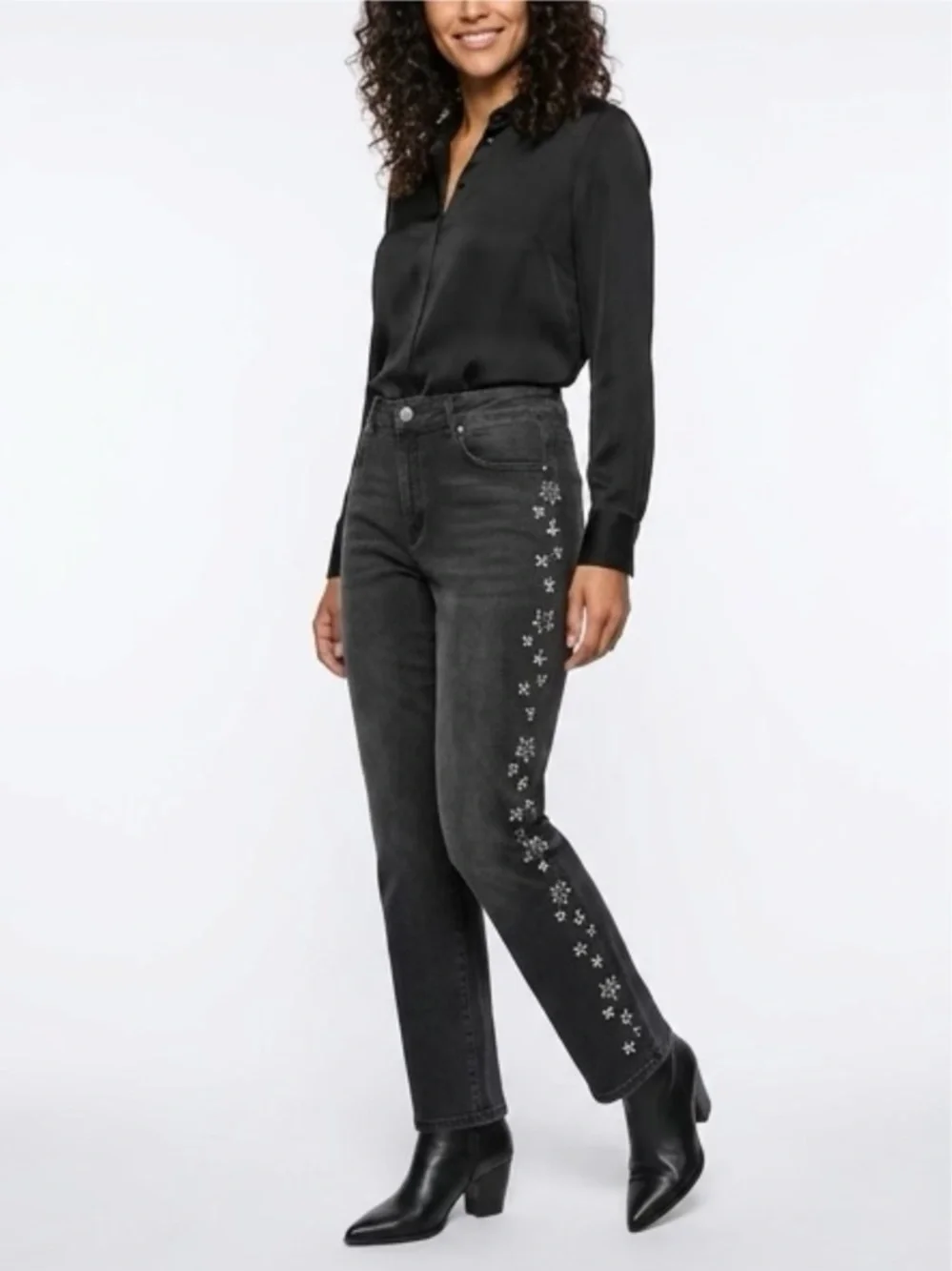 Embellished Elegant Crustal‎ Flowers Camila Coelho Black/Gray High Rise Jeans 12
